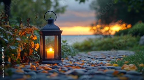Mosaic lantern glowing warmly in a garden during twilight