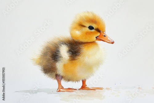Cute fluffy duckling standing against a plain background in a charming pose
