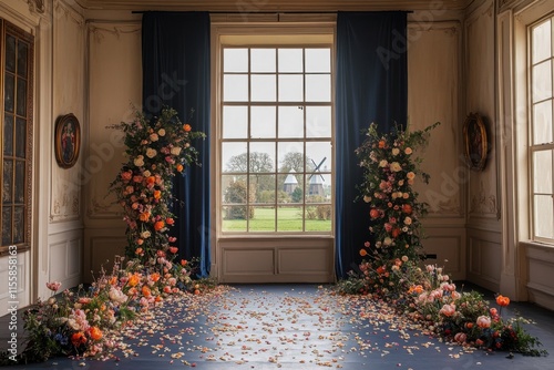 Dutch manor wedding backdrop, ultra-realistic photography scene, navy and pastel colors, romantic wedding concept photo