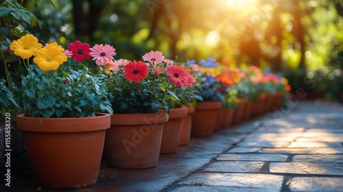 Colorful flower pots lined up on a sunny day in a vibrant garden setting
