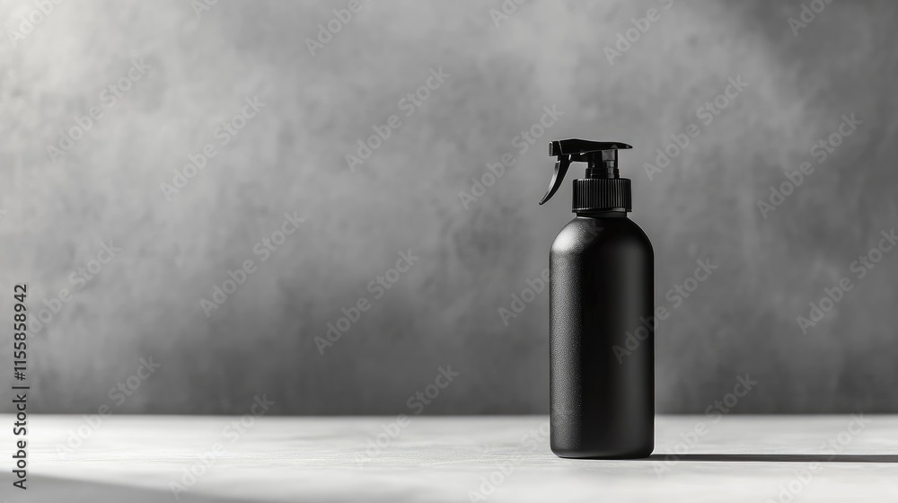 Obraz premium Minimalist Black Spray Bottle on Grey Background with Blank Space for Custom Text or Branding Applications