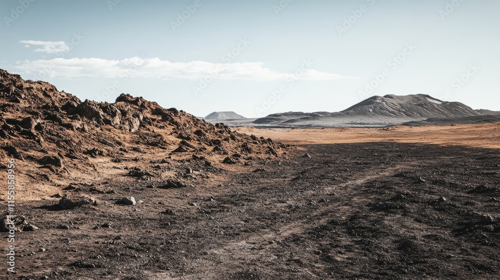 Aerial View of Martian Landscape Featuring Rocky Terrain and Expansive Empty Space for Text Overlay Aerial View of Martian Landscape Featuring Rocky Terrain and Expansive Empty Space for Text Overlay