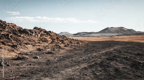 Aerial View of Martian Landscape Featuring Rocky Terrain and Expansive Empty Space for Text Overlay photo