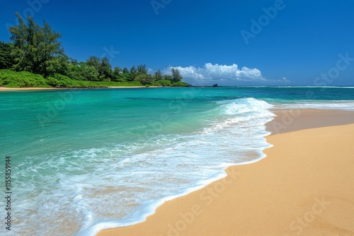 Serene beach coastline with gentle waves and distant mountains in bright dayl...