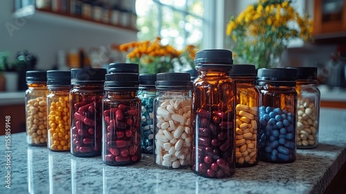 Colorful display of various medicine bottles in a well-lit pharmacy setting