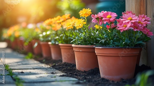 Colorful flower pots lined up on a sunny day in a vibrant garden setting