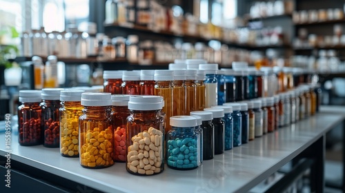 Colorful display of various medicine bottles in a well-lit pharmacy setting