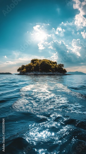 Waves crash against a serene island at sunset with golden light reflecting on...