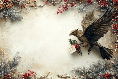 Enchanting Christmas Border Frame Featuring a Dragon and Griffin Delivering Festive Cheer with Holly and Berries in a Magical Winter Scene photo