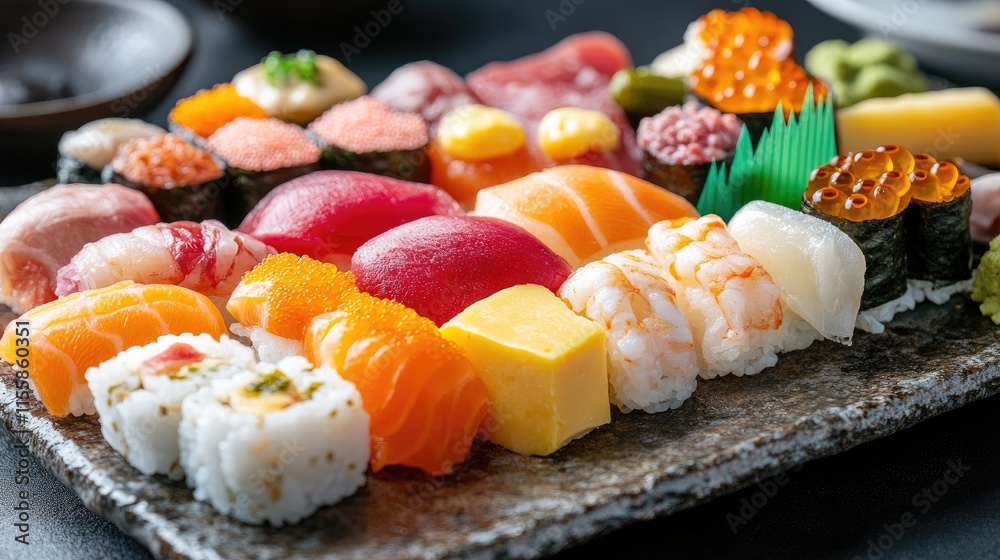 Sushi platter featuring a variety of fresh seafood including nigiri rolls sashimi and colorful toppings on a dark stone background Sushi platter featuring a variety of fresh seafood including nigiri rolls sashimi and colorful toppings on a dark stone background