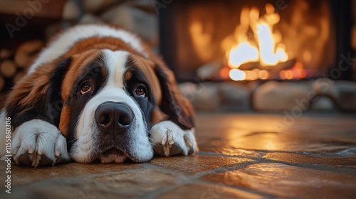 Cozy saint bernard dog relaxing by the fireplace in a rustic cabin setting du...