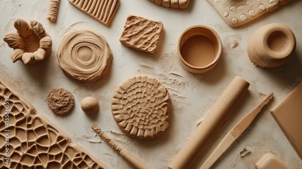 Assorted natural clay items arranged artistically on a textured clay background showcasing pottery and crafting materials. Assorted natural clay items arranged artistically on a textured clay background showcasing pottery and crafting materials.