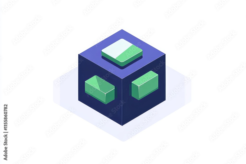 Fototapeta premium Concept of stock, AI in isometric style, large data sets, computation, supercomputer idea, green blocks, data repository, encrypted data security with dark neon