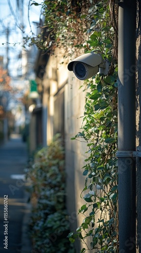 Vintage street lamp illuminates urban building facade during evening hours