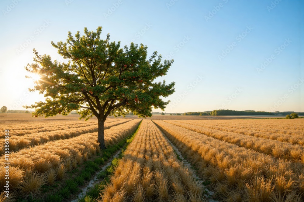 Lone tree in golden wheat field, peaceful atmosphere, sunset glow on rural landscape, copy space Lone tree in golden wheat field, peaceful atmosphere, sunset glow on rural landscape, copy space