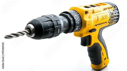 A cordless drill with a black and yellow design, used for drilling holes in various materials. photo