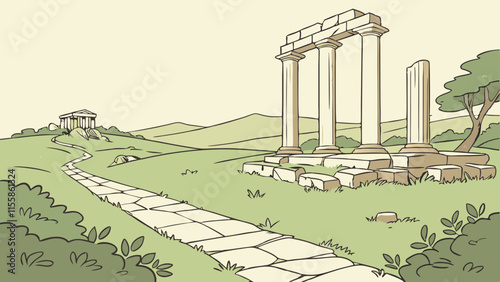 Greek column ruins. Broken ancient pillar vector landscape. Grass meadow and stone path design. Destroyed athens temple sculpture. Historic monument destruction on greece nature park panorama