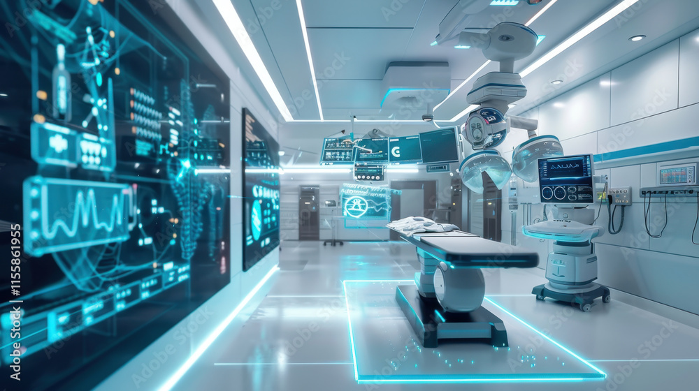 Obraz premium Futuristic hospital with advanced robotic surgery technology and glowing screens