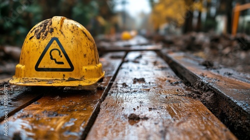 Yellow safety helmet with hazard symbol on construction site during daylight ...
