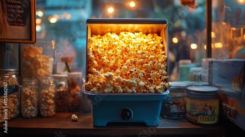 Cozy winter evening with popcorn by the fireplace in a warmly lit room