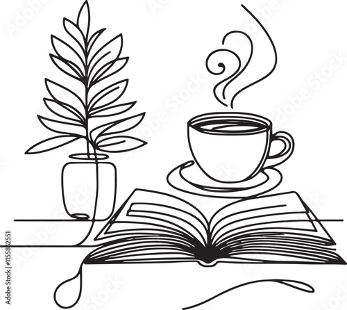 Simple Line Drawing of Coffee and Book for Quiet Moments