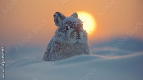 Snow-covered rabbit against a vibrant sunset in a winter landscape