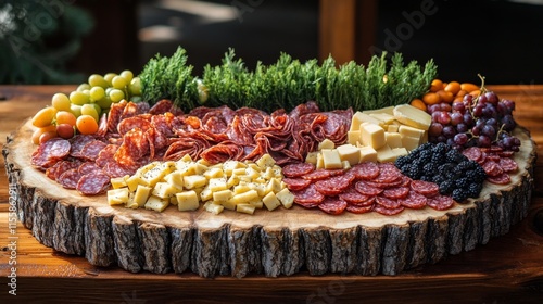 Cheese and charcuterie spread on wooden platter with fresh fruits and herbs