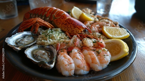 Fresh seafood platter featuring lobster, oysters, and garnishes ready for a g...