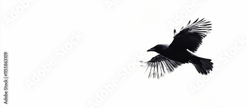 Black crow in flight against white background creating space for text and design elements suitable for various creative projects photo