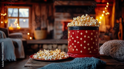 Cozy winter evening with popcorn by the fireplace in a warmly lit room