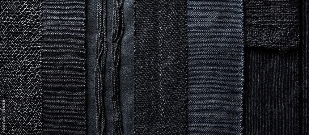 Black fabric texture collection showcasing various shades and patterns ideal for design projects featuring empty space for text insertion. Black fabric texture collection showcasing various shades and patterns ideal for design projects featuring empty space for text insertion.