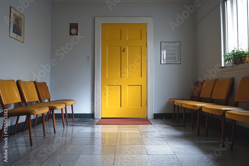 Brightly colored waiting area with yellow door and empty chairs in a quiet bu...