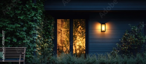 Contemporary black exterior wall lamp illuminating modern porch and garden for upscale residential outdoor environment design.