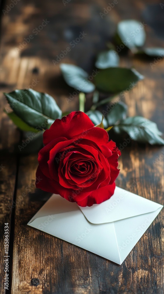 Romantic gesture with a red rose and an envelope on rustic wooden background Romantic gesture with a red rose and an envelope on rustic wooden background