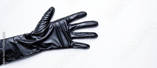 Black latex rubber glove isolated on a clean white backdrop ideal for health safety or cleaning concepts with space for text or branding