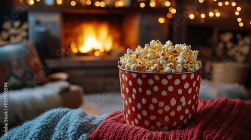 Cozy winter evening with popcorn by the fireplace in a warmly lit room