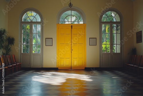 Brightly colored waiting area with yellow door and empty chairs in a quiet bu...