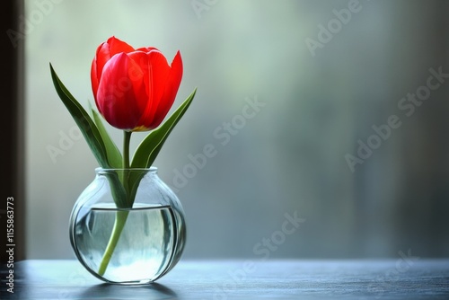Bright red tulip in glass vase on wooden table beside window with soft natura...