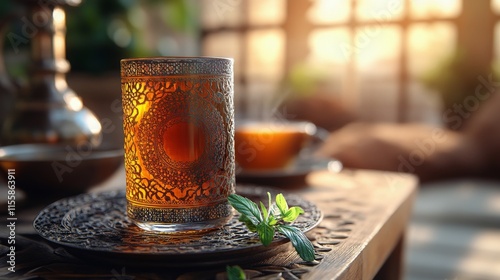 Beautiful tea setup with fruits and floral pattern tablecloth captured in war...