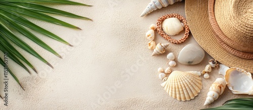 Tropical beach accessories arrangement featuring a hat, seashells, and natural stones on sandy surface with empty space for text design