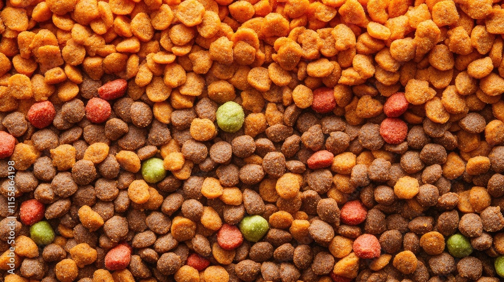Close Up of Colorful Dry Pet Food Kibble Texture Ideal for Marketing Fresh Ingredients and Healthy Meals for Pets Close Up of Colorful Dry Pet Food Kibble Texture Ideal for Marketing Fresh Ingredients and Healthy Meals for Pets