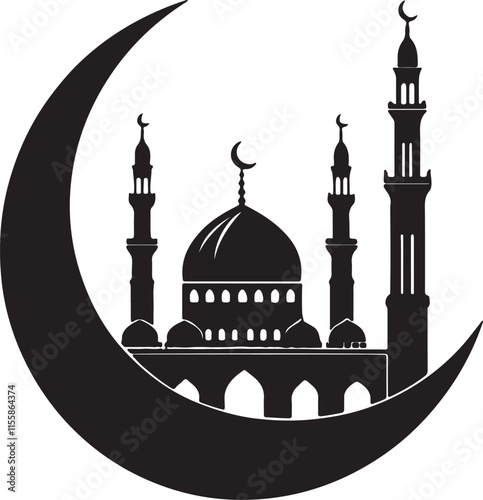 Silhouette of a mosque within a crescent moon