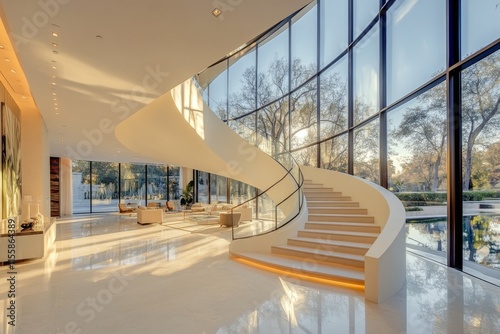 Elegant curved staircase in a modern home with large windows and natural light