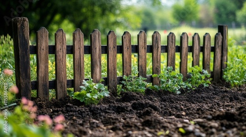 Lush green plants growing along a rustic wooden fence in a serene garden setting