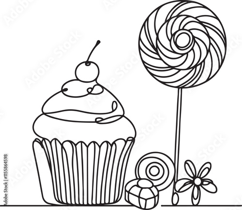 Sweet Candy and Muffin Cake Line Art Illustration in Simple Minimalist Style