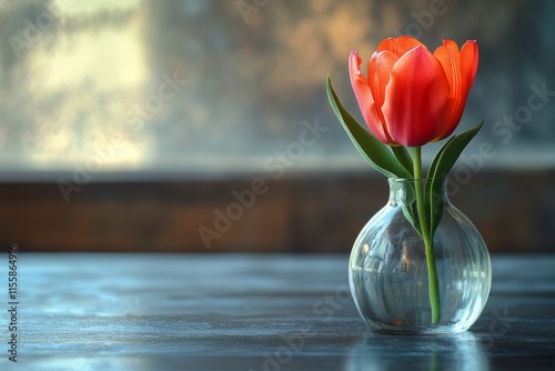 Bright red tulip in glass vase on wooden table beside window with soft natura...