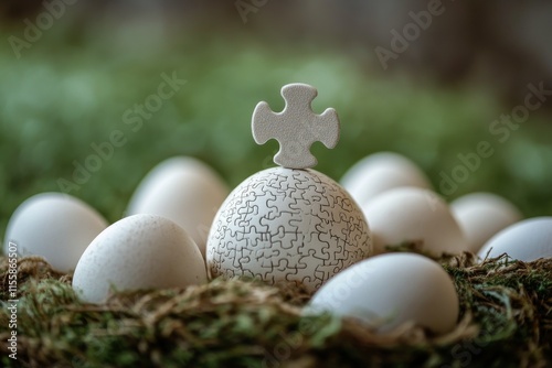 Unique puzzle piece among a collection of eggs in an egg carton highlighting ...