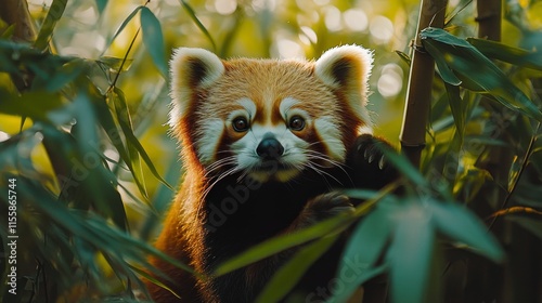 Red panda in bamboo forest during daylight exploring surroundings with curiosity