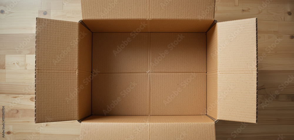 A plain cardboard box sits open on a light wooden floor. The box is spacious, with flaps extended, inviting use for storage or shipping items. Soft daylight highlights its features A plain cardboard box sits open on a light wooden floor. The box is spacious, with flaps extended, inviting use for storage or shipping items. Soft daylight highlights its features