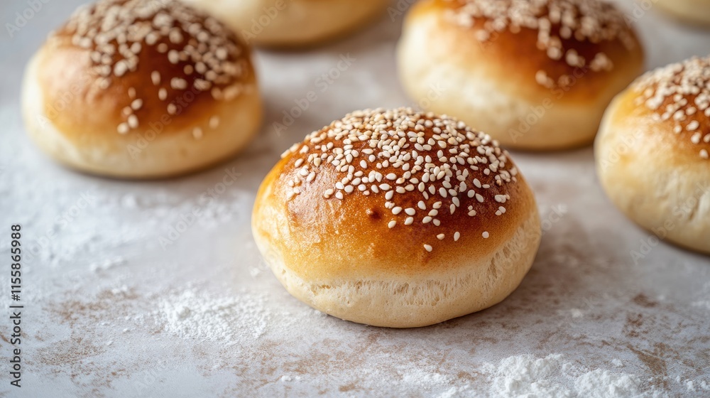 Close up view of freshly baked sesame topped cosmic buns on a light textured background ideal for bakery promotions or food advertising Close up view of freshly baked sesame topped cosmic buns on a light textured background ideal for bakery promotions or food advertising